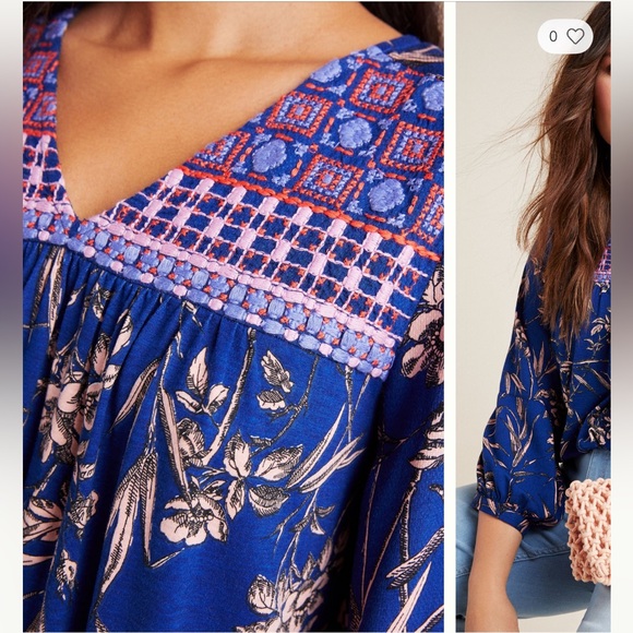 Anthropologie Floral Embroidered V Neck Top Size S - Picture 4 of 11